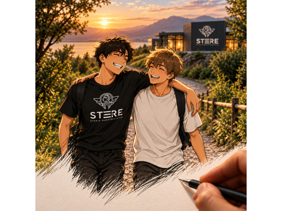 Illustrazione in stile anime di due ragazzi sorrid...