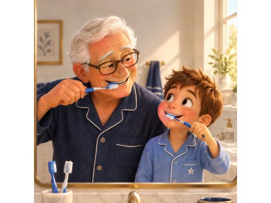 Igiene orale in famiglia: nonno e bambino si lavan...