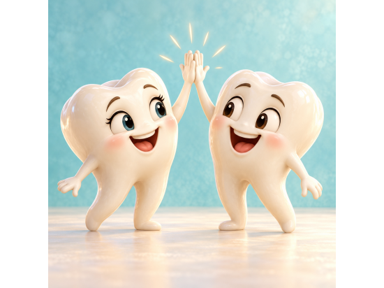 Due denti in stile cartoon sorridenti che si danno...