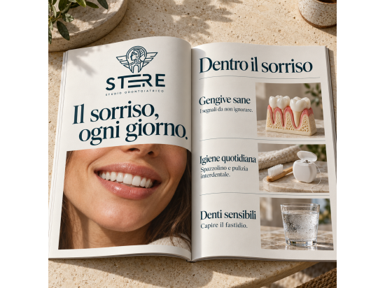 Rivista aperta con il logo Stere: sorriso, gengive...