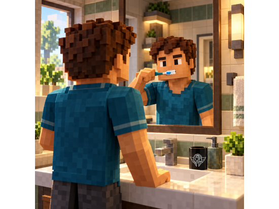 Ragazzo in stile voxel che si lava i denti allo sp...