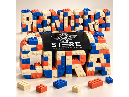 Scritta "Prendersi cura" fatta di mattoncini color...