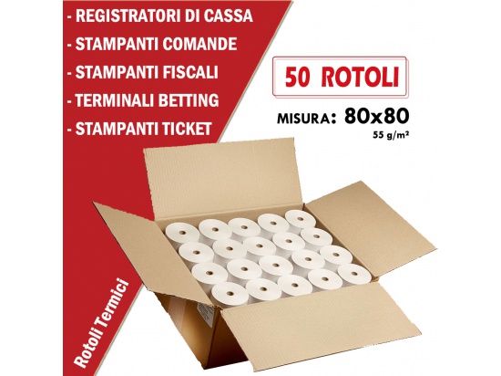 ROTOLO TERMICO 80x80mt anima da 12mm OMOLOGATO per REGISTRATORI DI CASSA - STAMPANTI FISCALI - STAMPANTI COMANDE - STAMPANTI TICKET - TERMINALI BETTING CONF. 50PZ